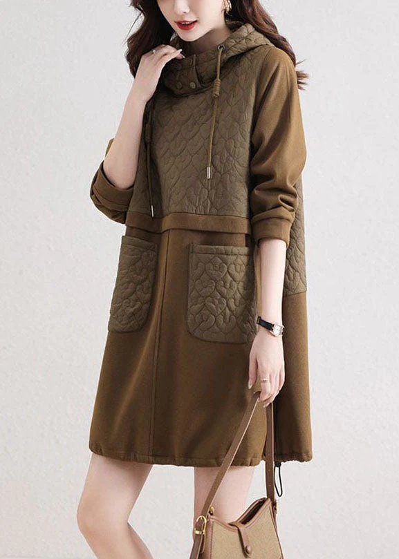 Modern Khaki Hooded Patchwork Pockets Cotton Loose Sweatshirt Dress Spring - Image 4