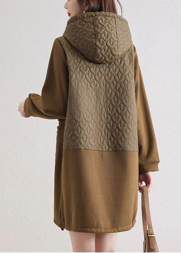 Modern Khaki Hooded Patchwork Pockets Cotton Loose Sweatshirt Dress Spring - Image 5