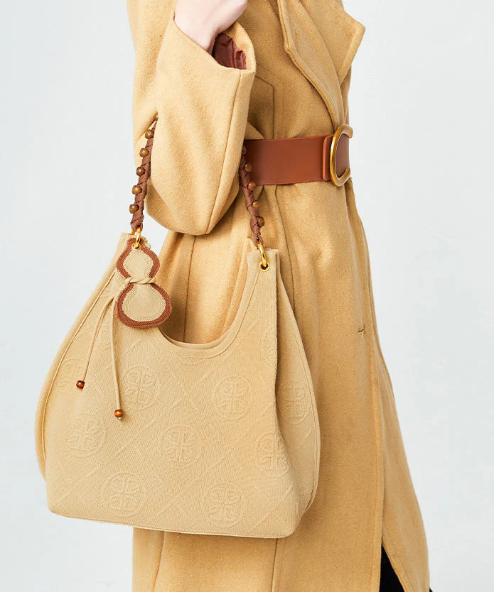 Modern Khaki Jacquard Large Capacity Cotton Shoulder Bags - Image 4