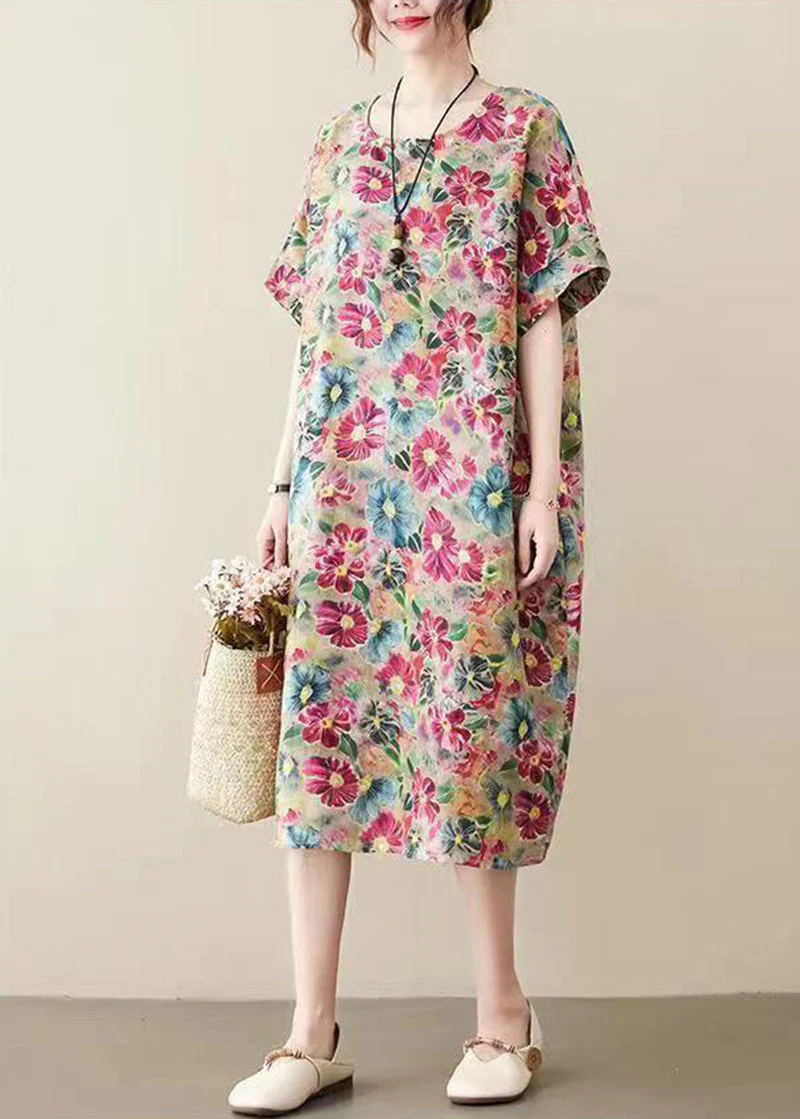 Modern Khaki O-Neck Print Cotton Long Dress Summer - Image 4
