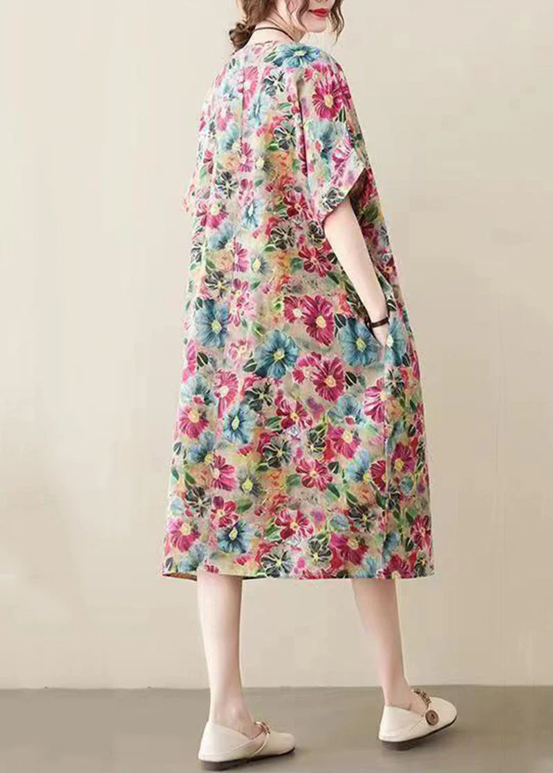 Modern Khaki O-Neck Print Cotton Long Dress Summer - Image 5