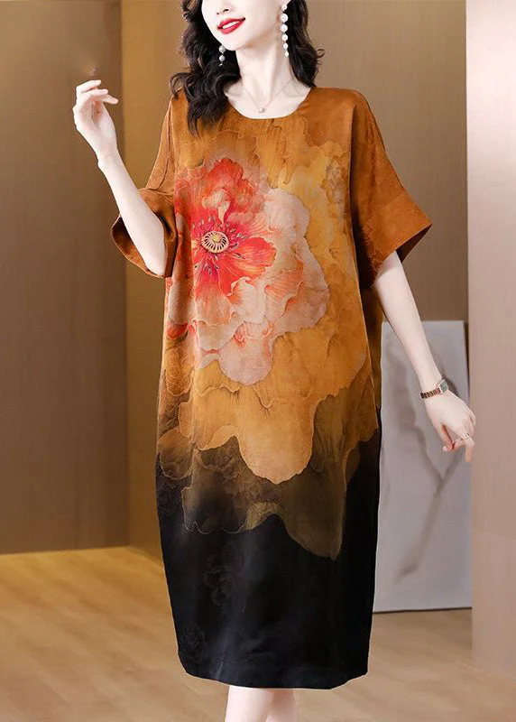 Modern Khaki Oversized Floral Print Silk Dress Summer - Image 2