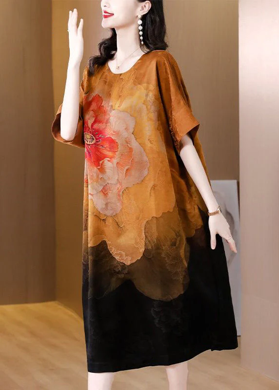 Modern Khaki Oversized Floral Print Silk Dress Summer - Image 3