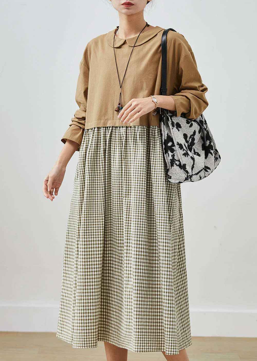 Modern Khaki Oversized Patchwork Plaid Cotton Maxi Dresses Spring - Image 2