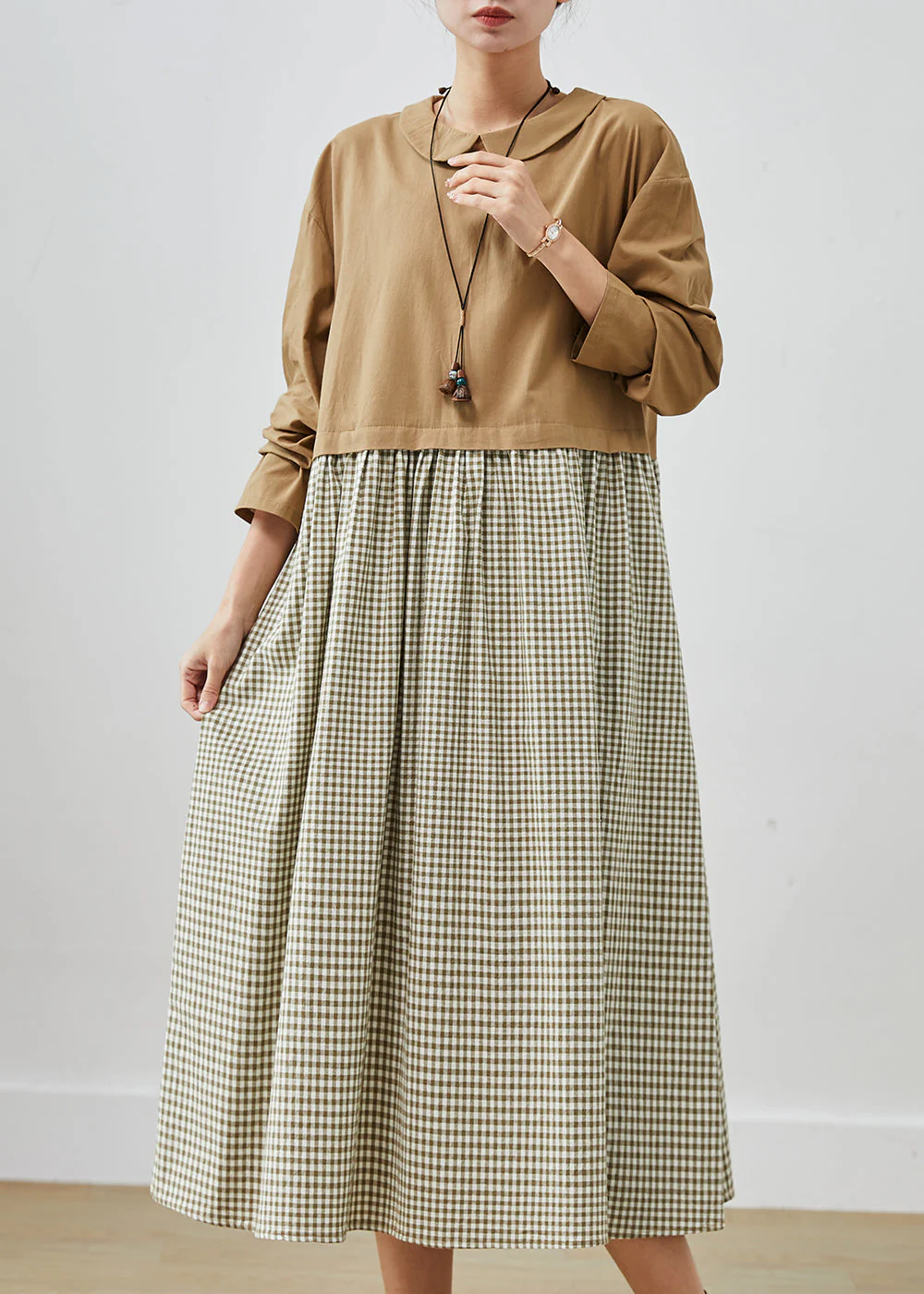 Modern Khaki Oversized Patchwork Plaid Cotton Maxi Dresses Spring - Image 3