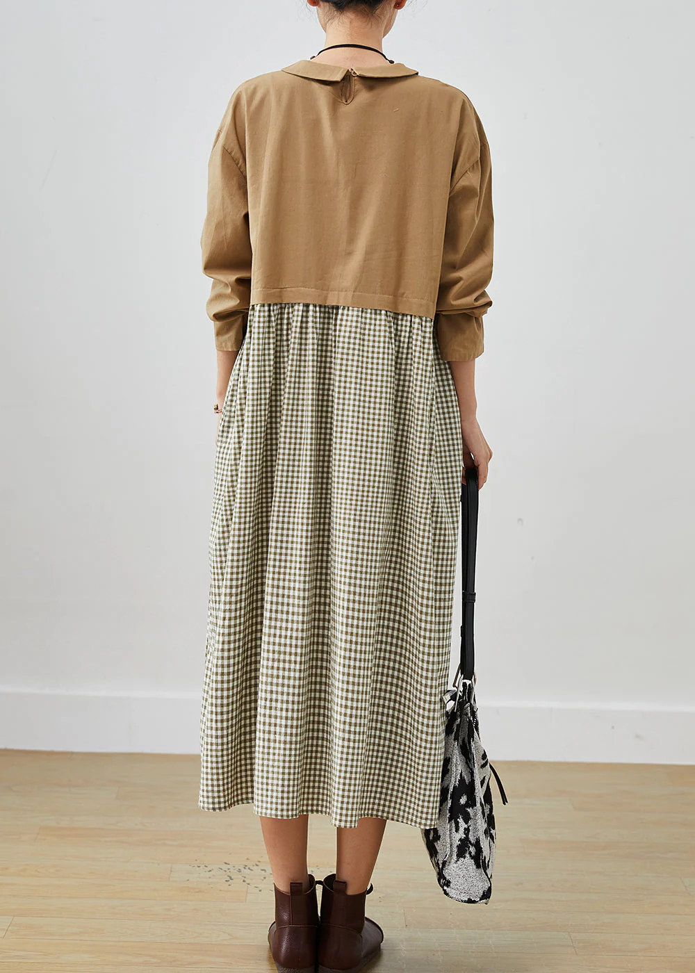 Modern Khaki Oversized Patchwork Plaid Cotton Maxi Dresses Spring - Image 4