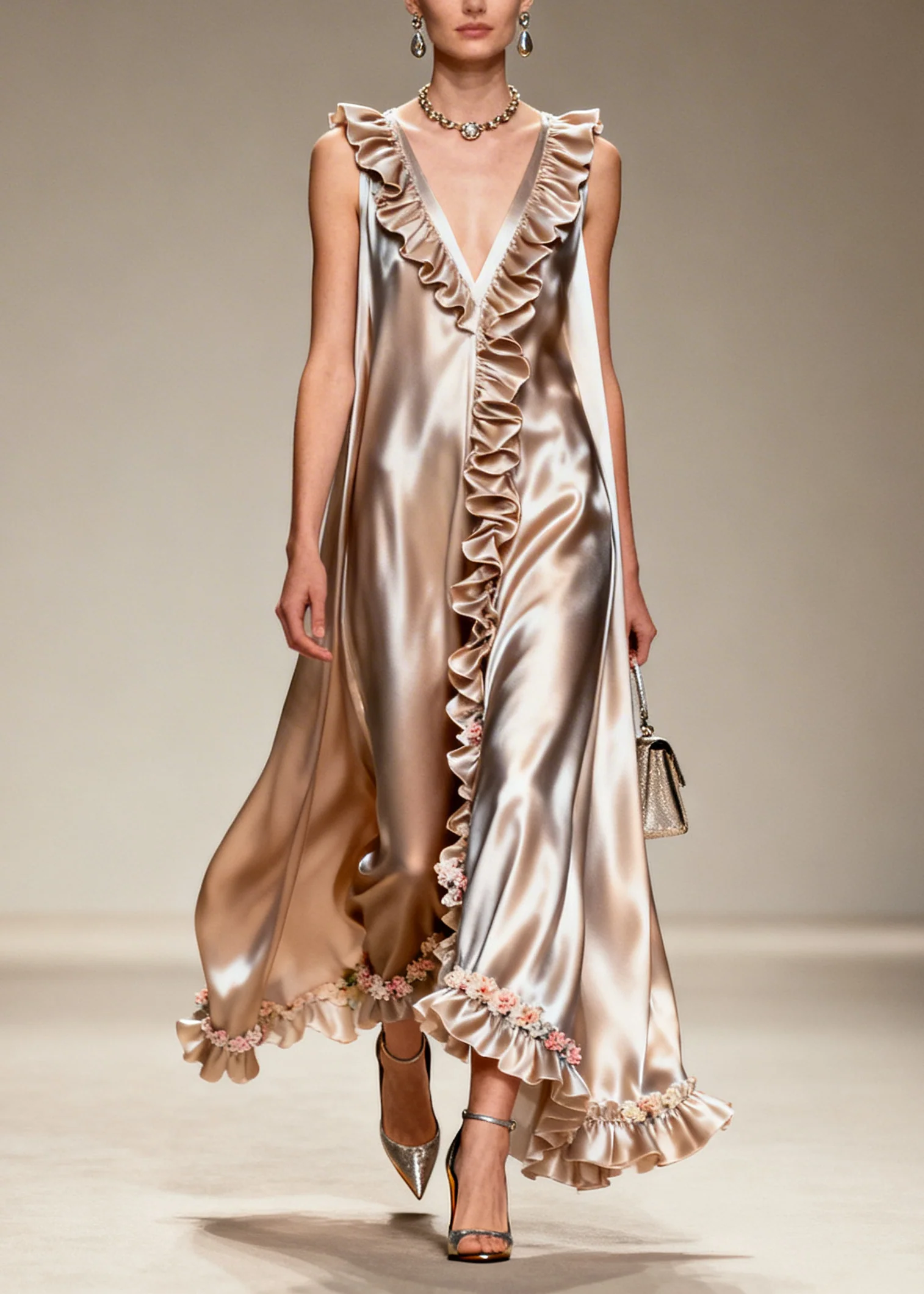 Modern Khaki Ruffled Floral Silk Robe Dresses Sleeveless - Image 5