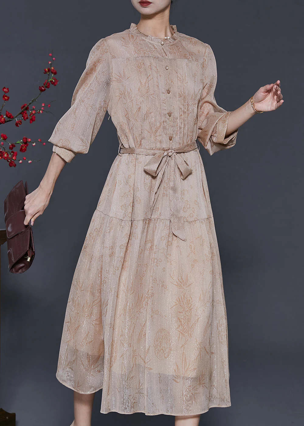Modern Khaki Ruffled Print Chiffon Vacation Dresses Spring - Image 2