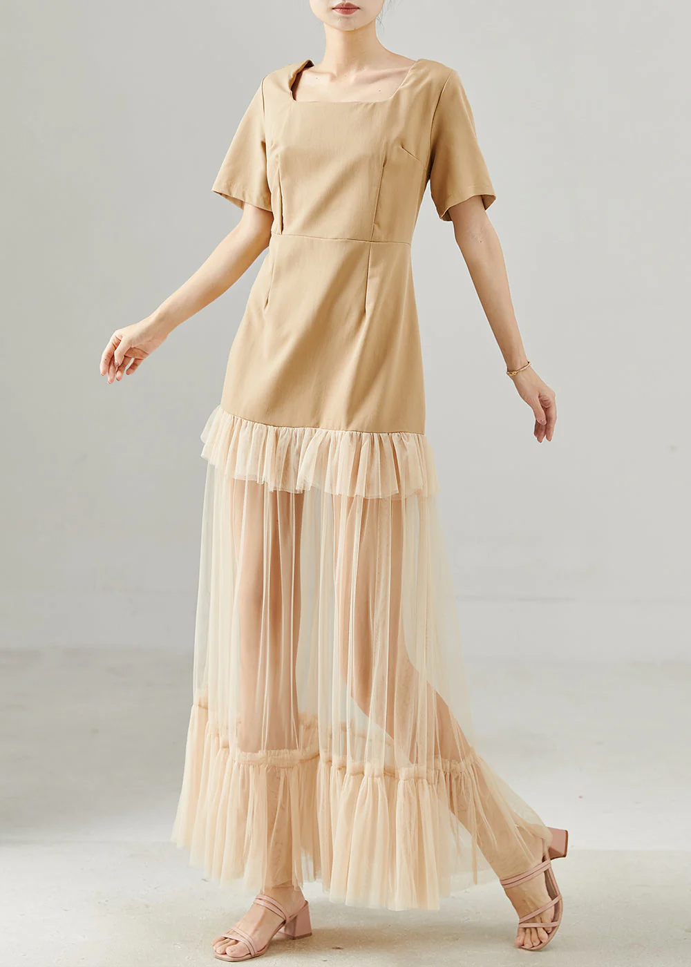 Modern Khaki Square Collar Patchwork Tulle Holiday Dress Summer - Image 3