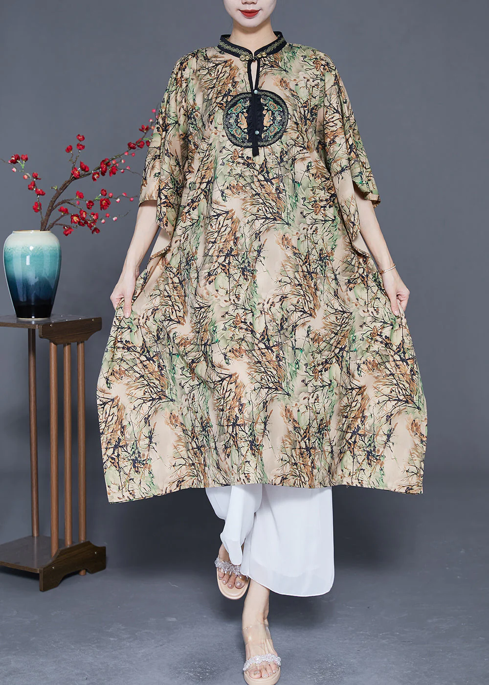 Modern Khaki Stand Collar Print Silk Dresses Batwing Sleeve - Image 3