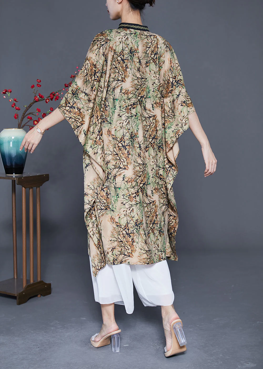 Modern Khaki Stand Collar Print Silk Dresses Batwing Sleeve - Image 4
