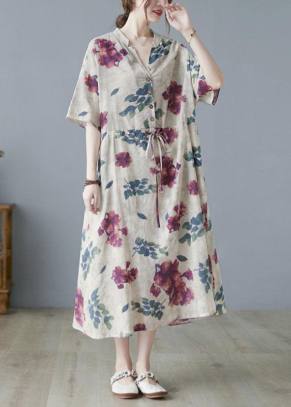 Modern Khaki V Neck Button Summer Tie Waist Party Dresses Half Sleeve - Image 2