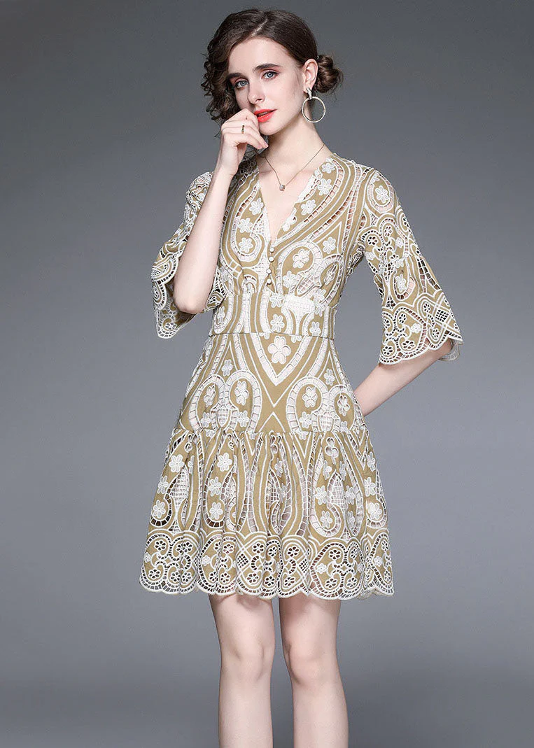 Modern Khaki V Neck Embroideried Hollow Out Lace Dress Flare Sleeve - Image 2