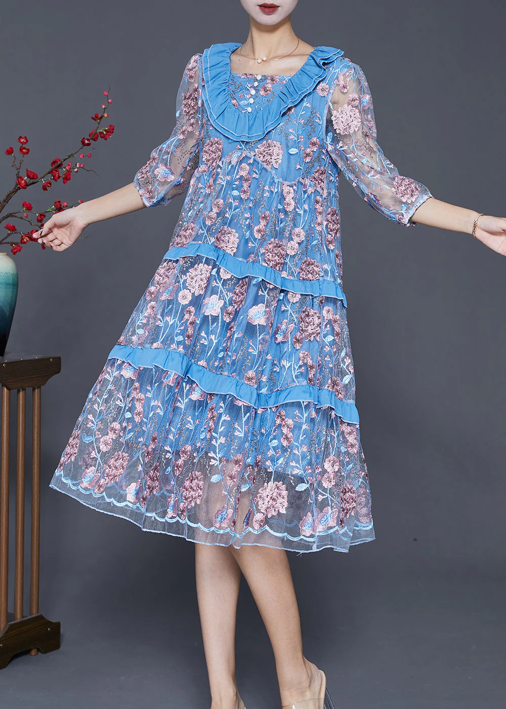 Modern Lake Blue Ruffled Patchwork Embroidered Tulle Dress Summer - Image 2
