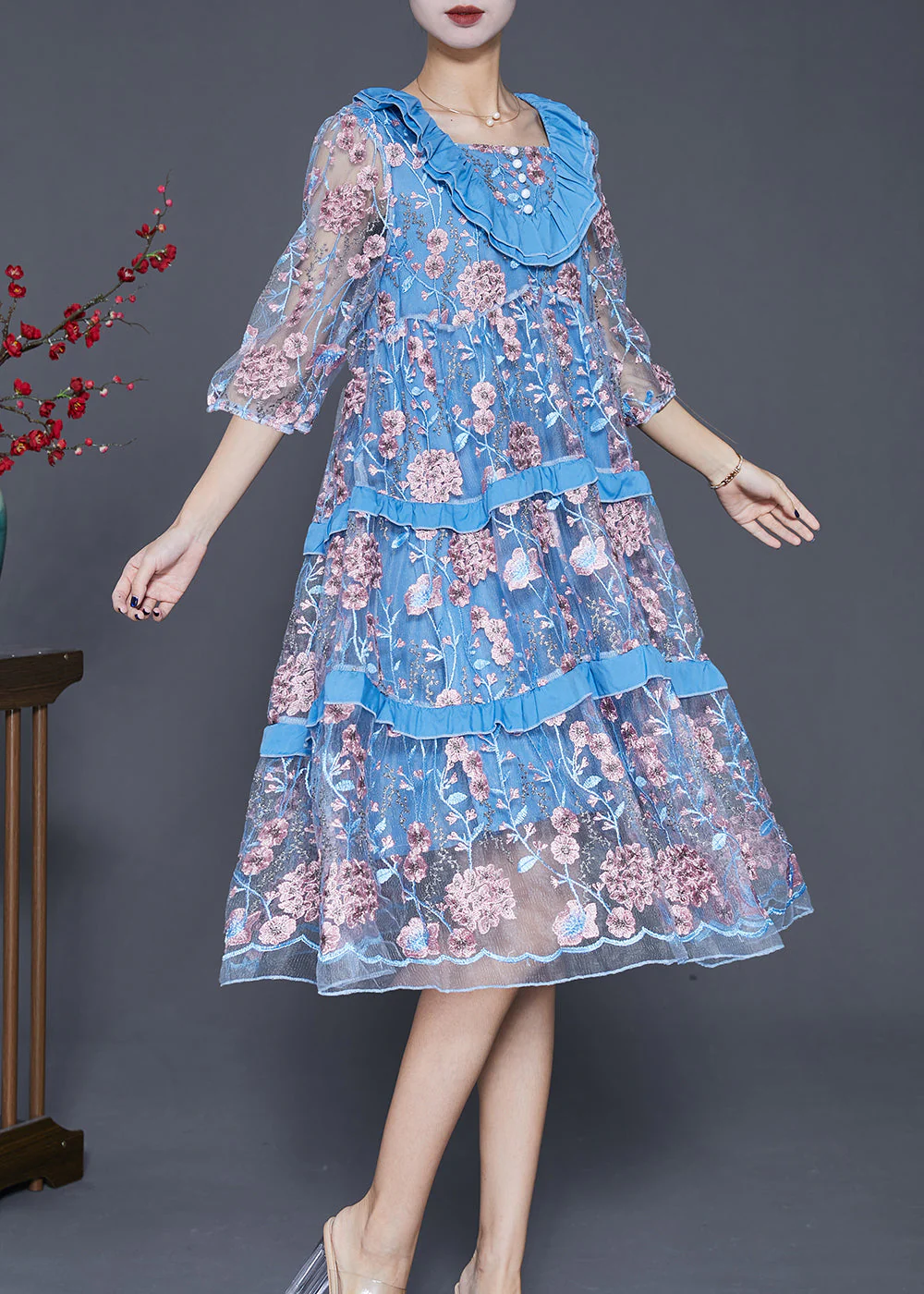 Modern Lake Blue Ruffled Patchwork Embroidered Tulle Dress Summer - Image 3