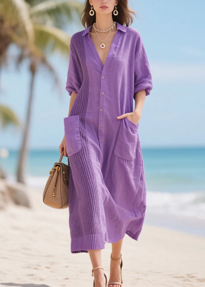 Modern Lavender Oversized Patchwork Pockets Cotton Dress Spring - Image 3