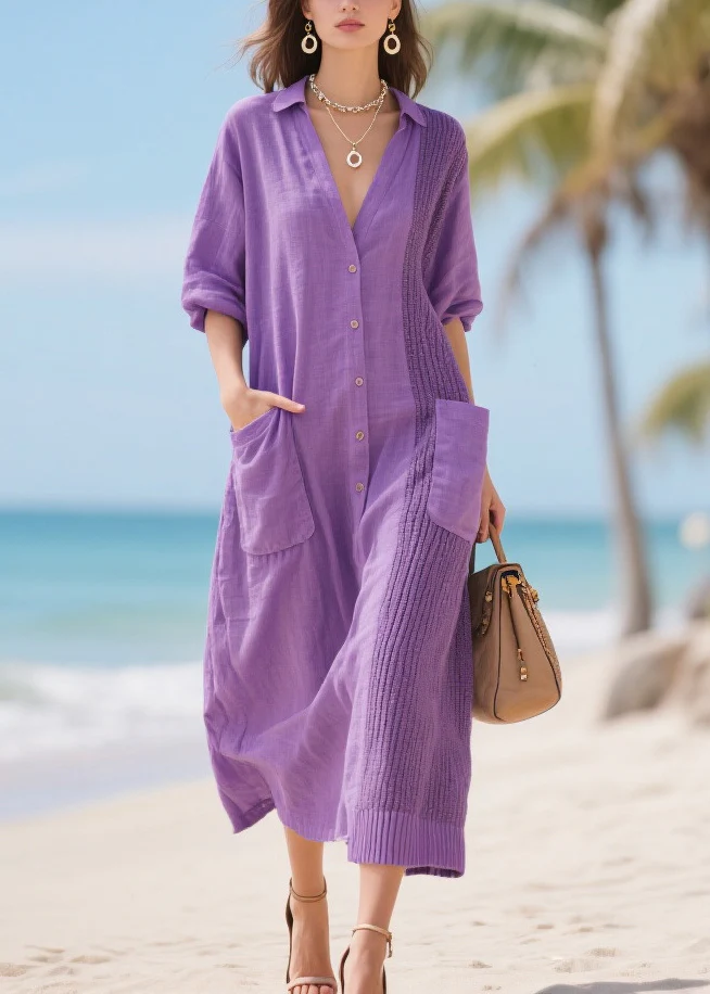 Modern Lavender Oversized Patchwork Pockets Cotton Dress Spring - Image 5