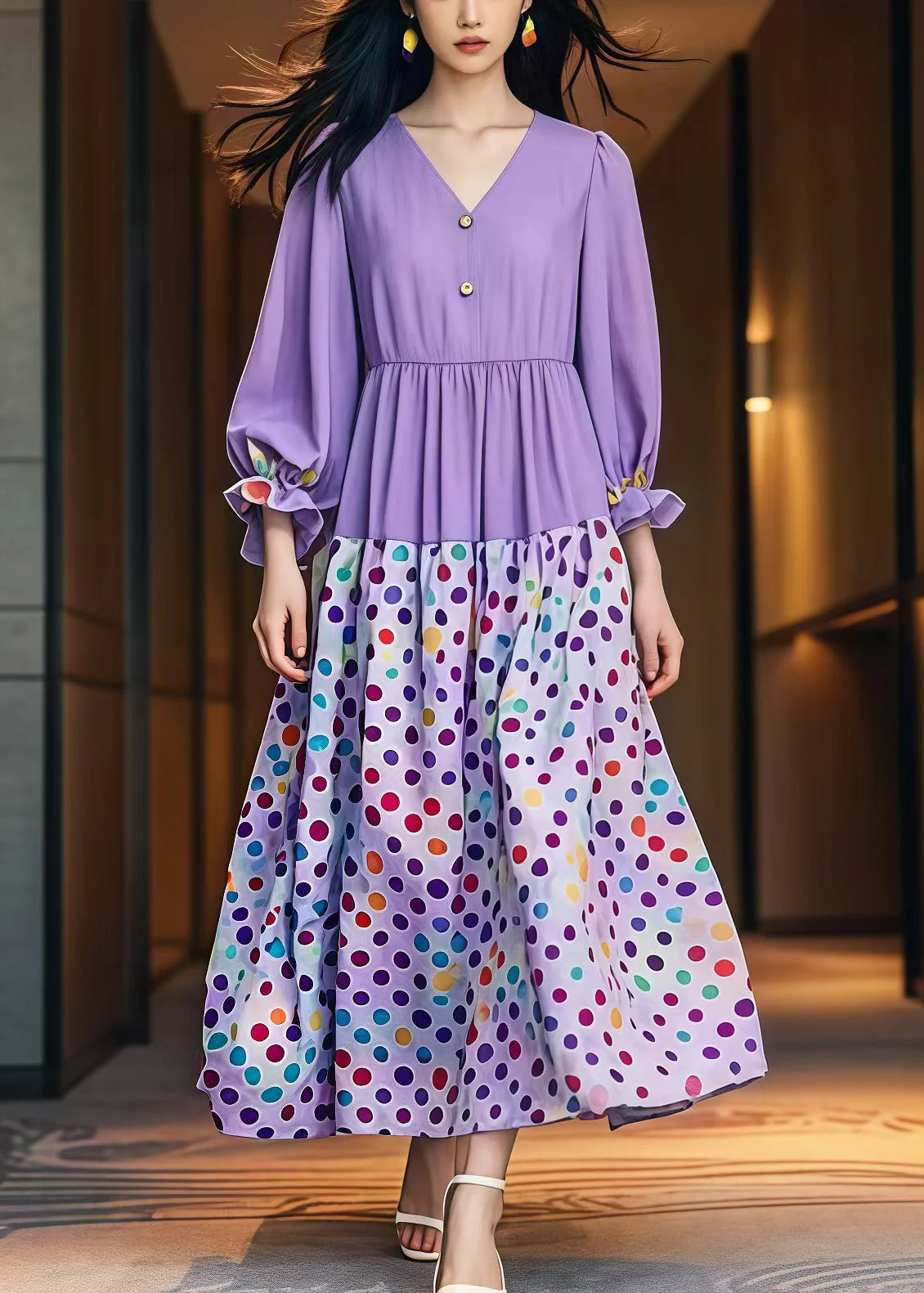 Modern Lavender Oversized Print Cotton Dresses Fall - Image 3