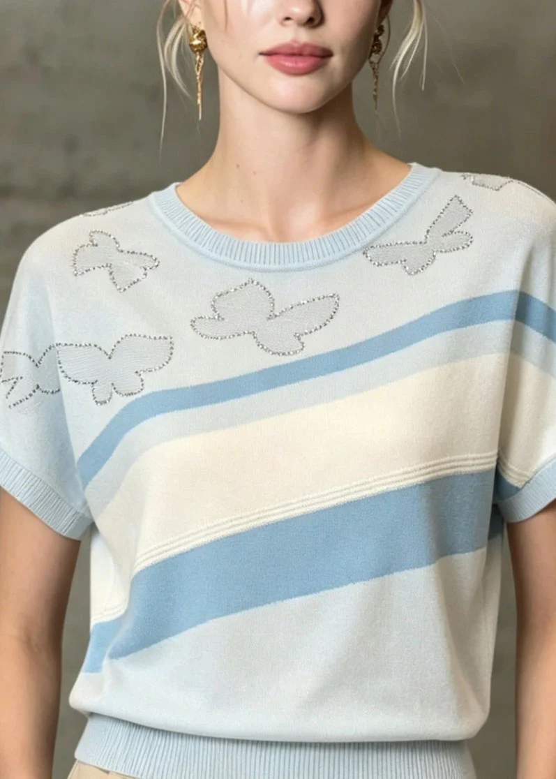 Modern Light Blue O Neck Zircon Thin Knit T Shirt Summer - Image 2