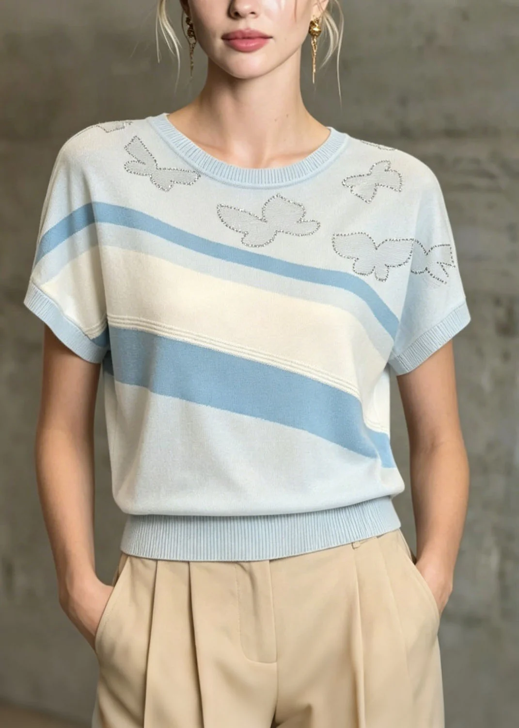 Modern Light Blue O Neck Zircon Thin Knit T Shirt Summer - Image 3