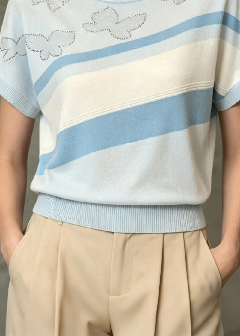 Modern Light Blue O Neck Zircon Thin Knit T Shirt Summer - Image 4