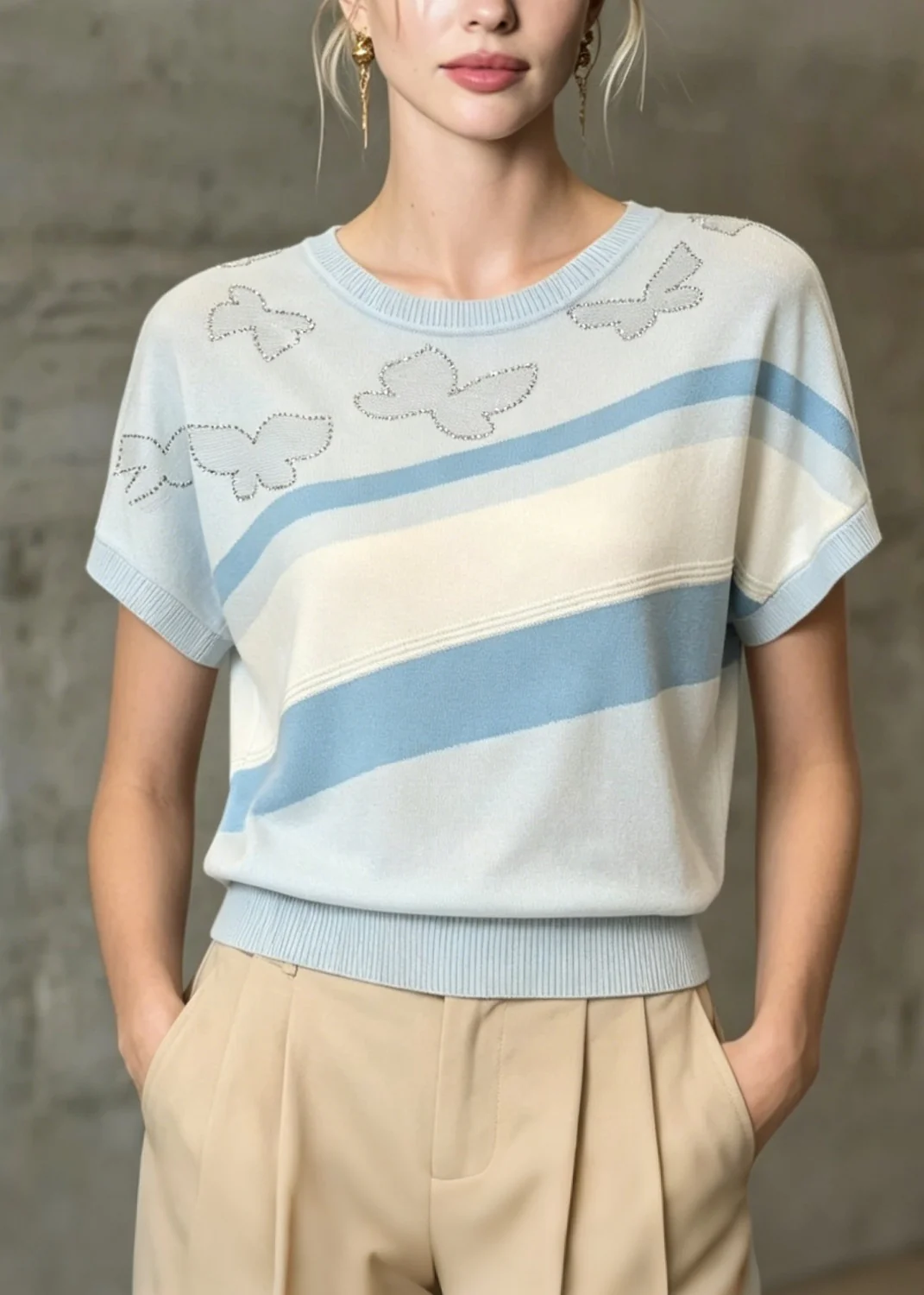 Modern Light Blue O Neck Zircon Thin Knit T Shirt Summer - Image 5