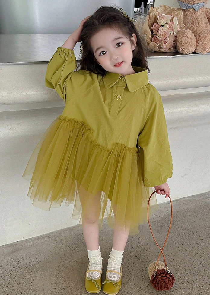 Modern Light Green Peter Pan Collar Tulle Patchwork Girls Long Dress Long Sleeve - Image 3