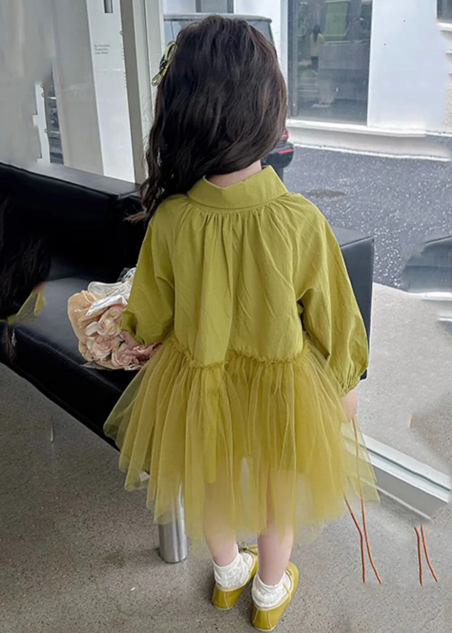 Modern Light Green Peter Pan Collar Tulle Patchwork Girls Long Dress Long Sleeve - Image 5
