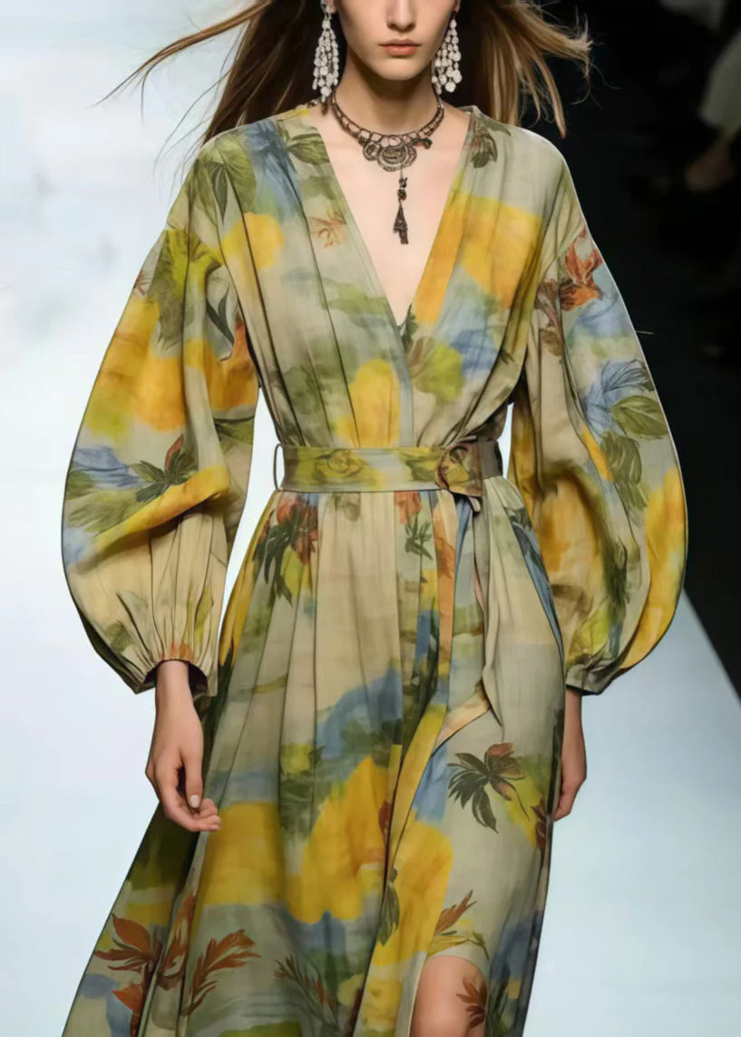 Modern Light Green V Neck Print Cotton Tunic Dress Spring - Image 2