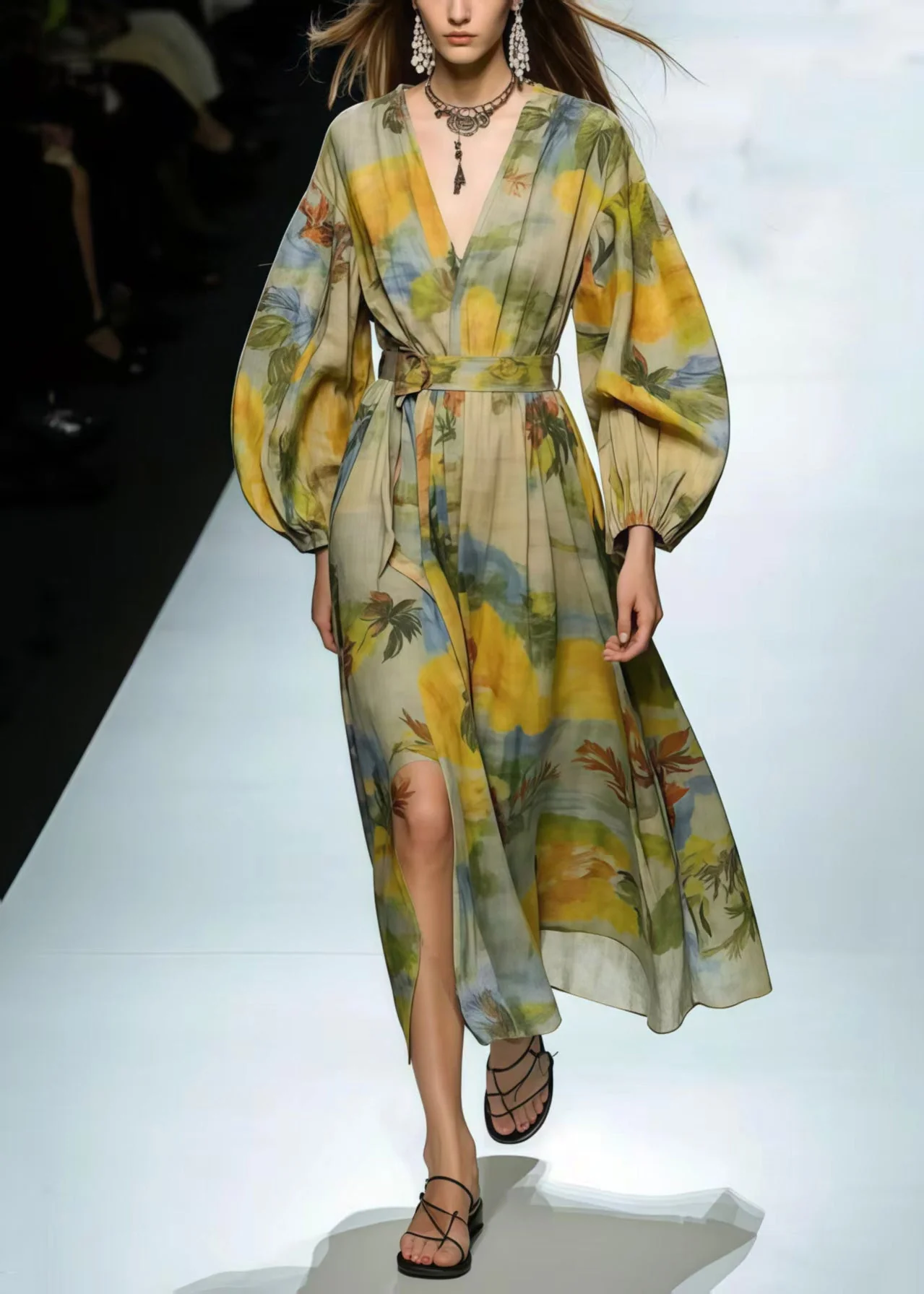 Modern Light Green V Neck Print Cotton Tunic Dress Spring - Image 3