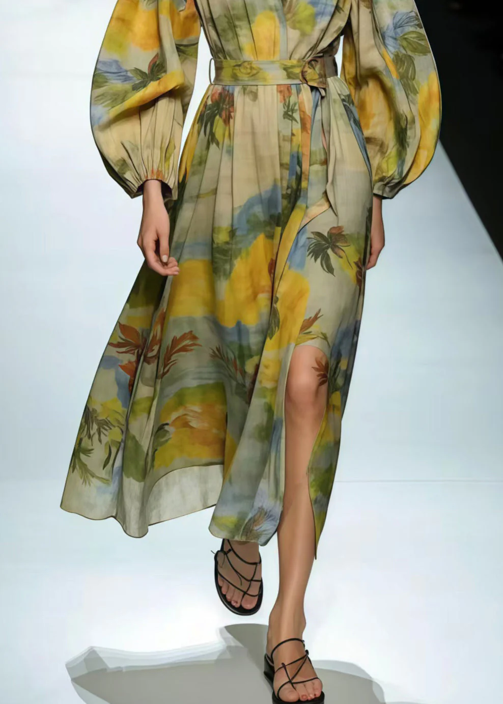 Modern Light Green V Neck Print Cotton Tunic Dress Spring - Image 4