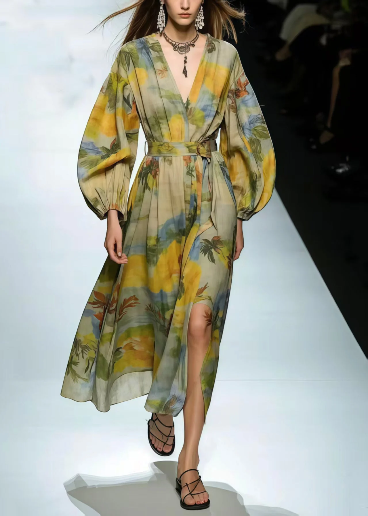 Modern Light Green V Neck Print Cotton Tunic Dress Spring - Image 5