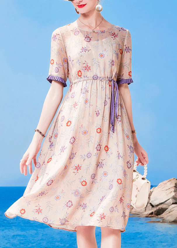 Modern Light Purple O-Neck Drawstring Print Linen Party Dress Short Sleeve - Image 2