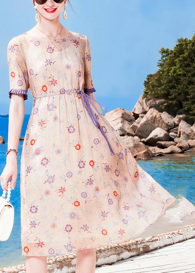 Modern Light Purple O-Neck Drawstring Print Linen Party Dress Short Sleeve - Image 3