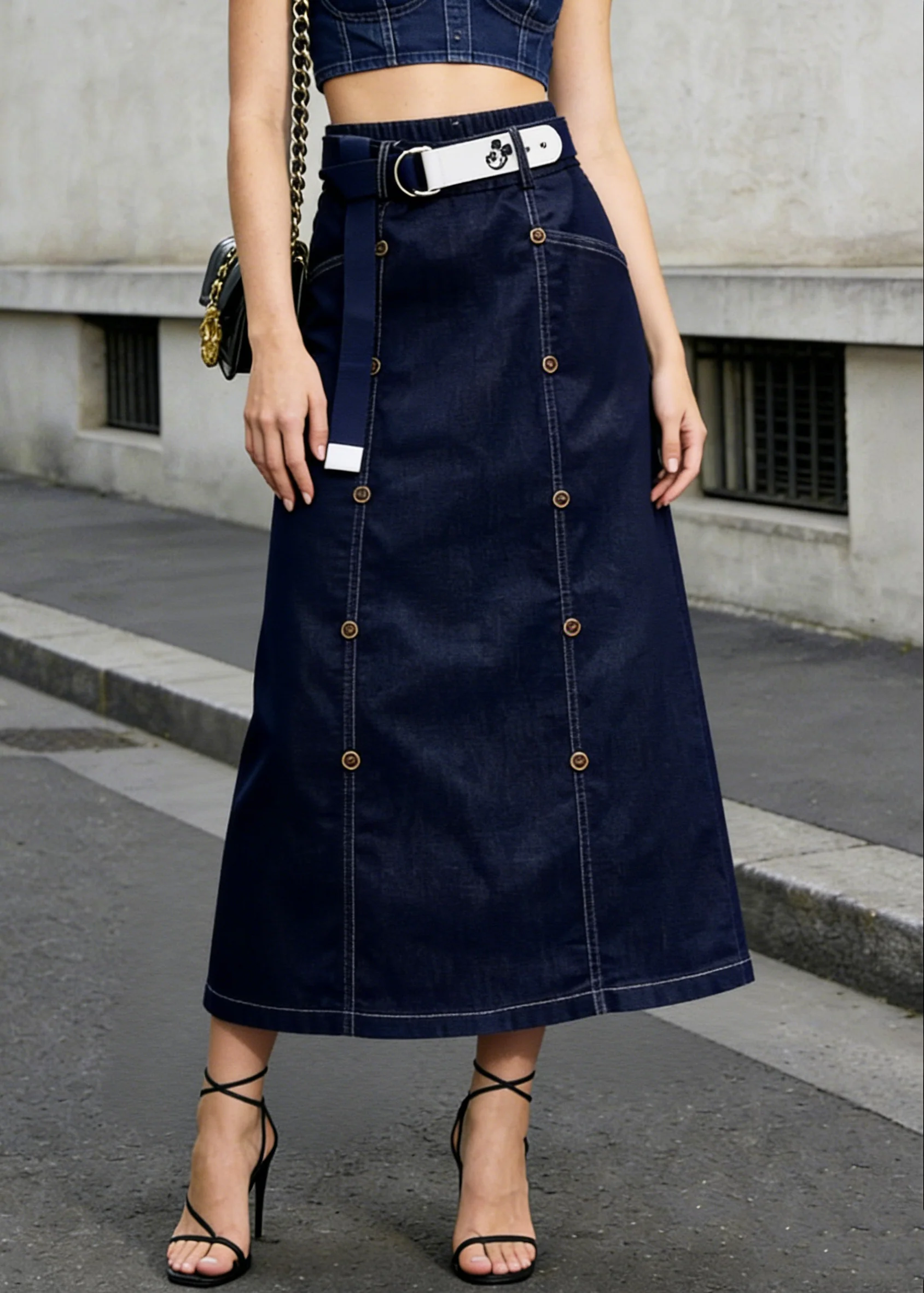 Modern Navy Double Breast Denim A Line Skirt Summer