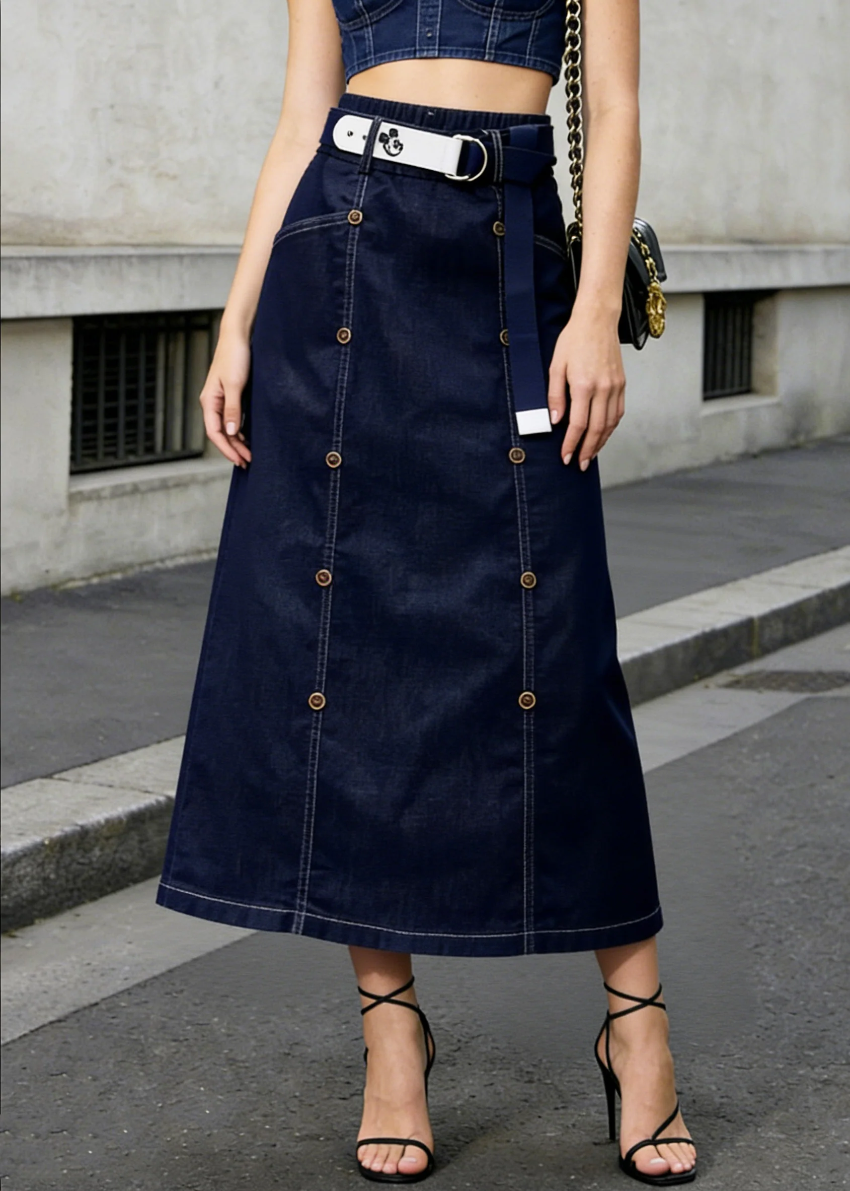 Modern Navy Double Breast Denim A Line Skirt Summer - Image 3