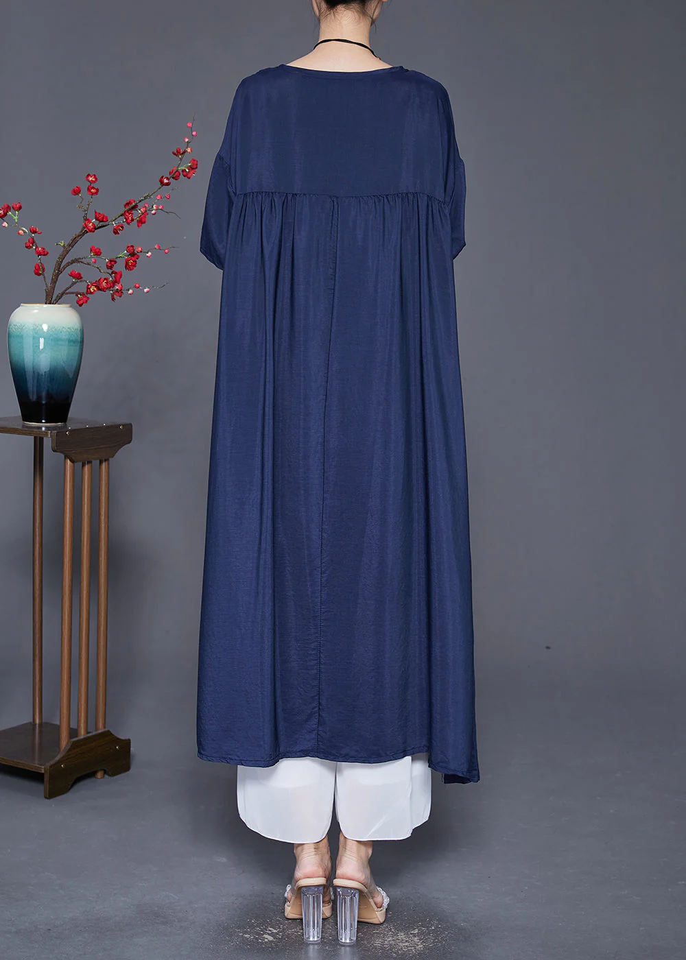 Modern Navy Oversized Patchwork Wrinkled Cotton Dress Summer - Image 4