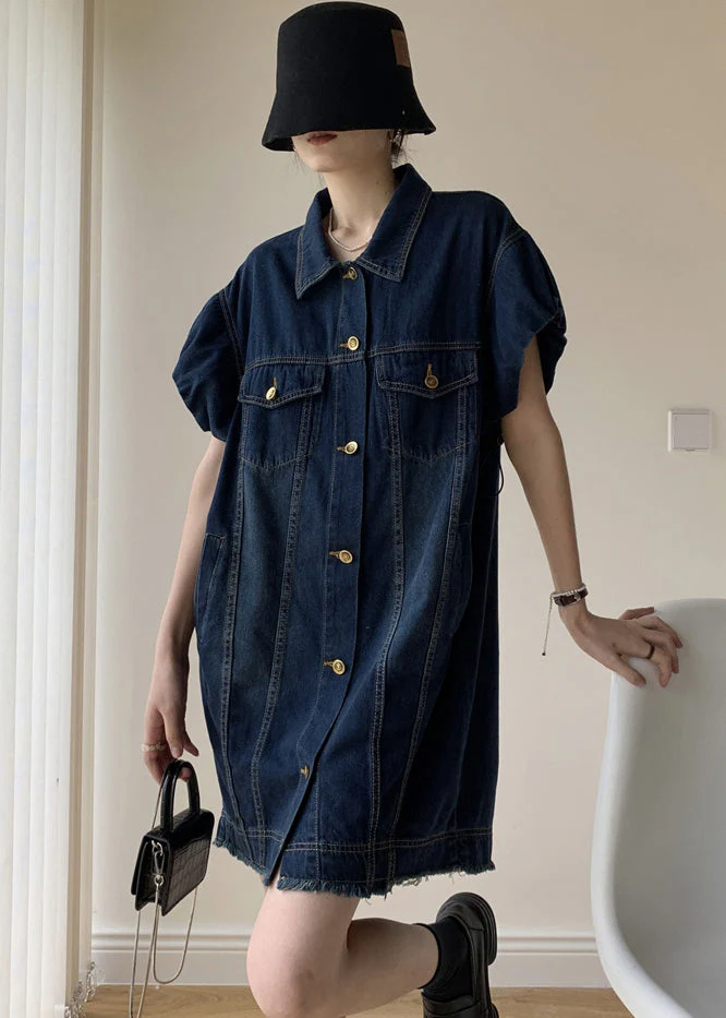 Modern Navy Peter Pan Collar Drawstring Patchwork Denim Dress Puff Sleeve - Image 2
