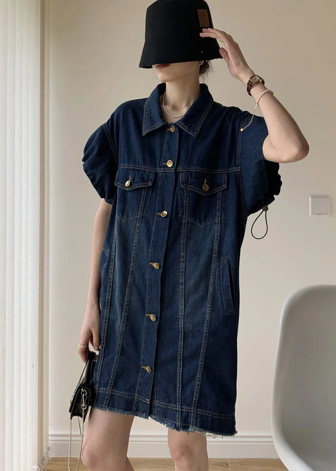 Modern Navy Peter Pan Collar Drawstring Patchwork Denim Dress Puff Sleeve - Image 3