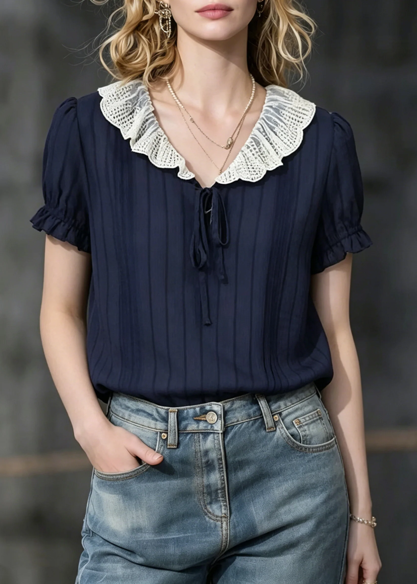 Modern Navy Peter Pan Collar Striped Chiffon Shirts Summer - Image 3