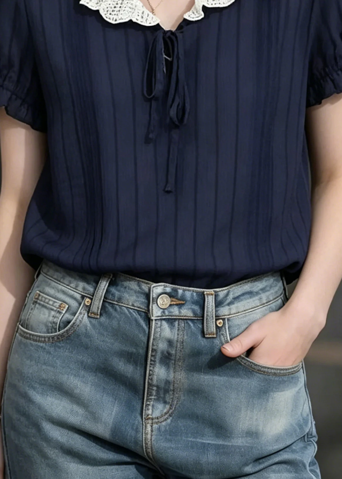 Modern Navy Peter Pan Collar Striped Chiffon Shirts Summer - Image 4