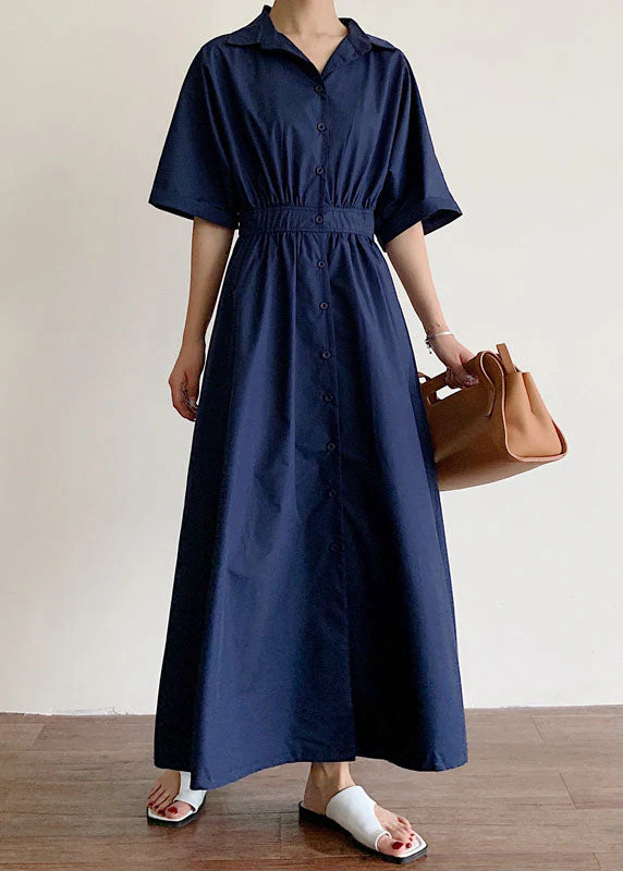 Modern Navy Peter Pan Collar wrinkled Cotton Dress Half Sleeve - Image 2