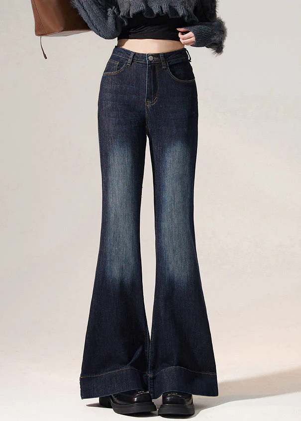 Modern Navy Pockets High Waist Denim Flared Trousers Spring - Image 2