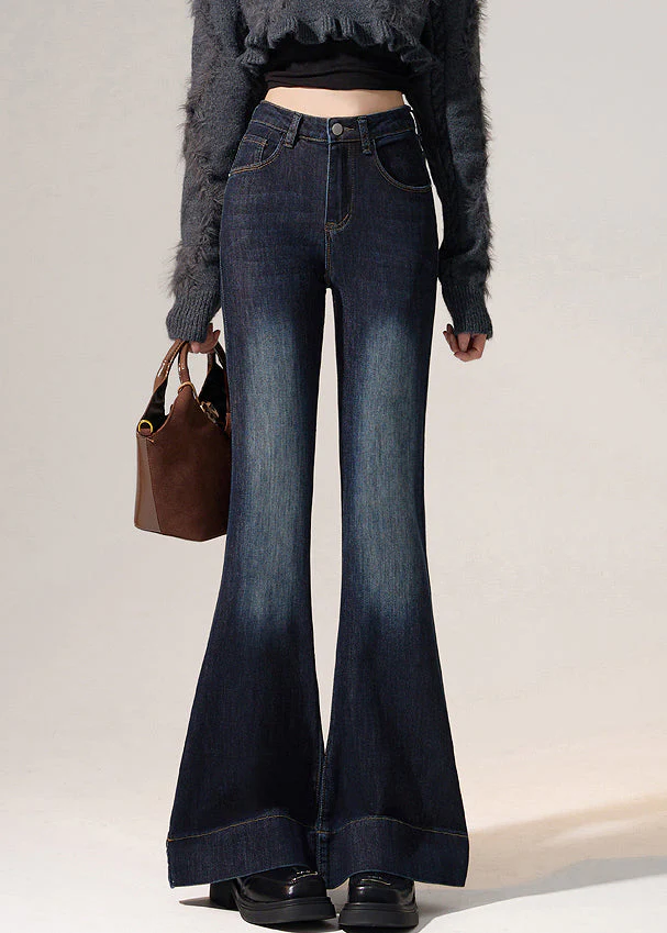 Modern Navy Pockets High Waist Denim Flared Trousers Spring - Image 3