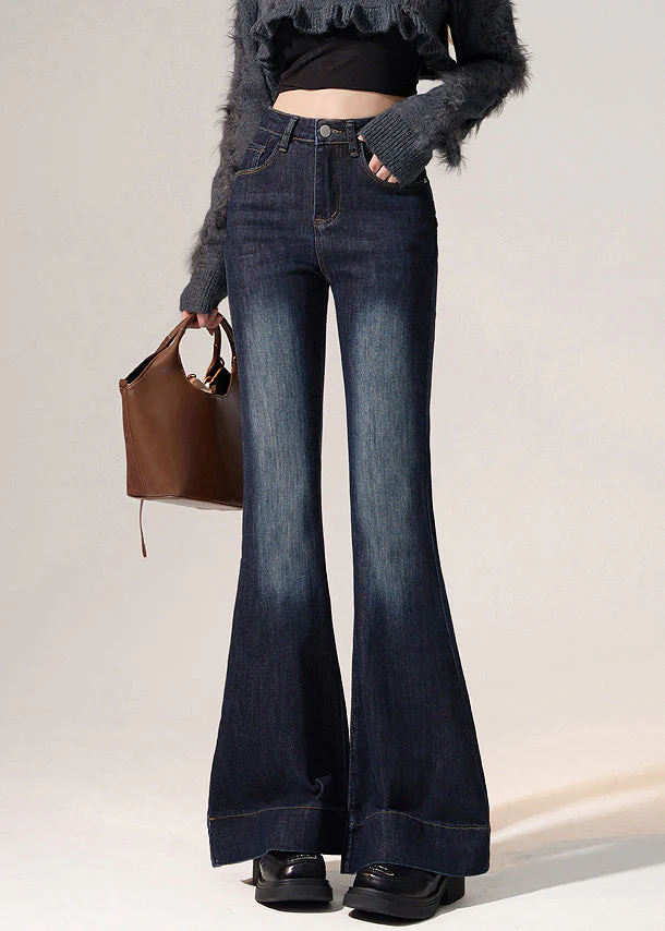 Modern Navy Pockets High Waist Denim Flared Trousers Spring - Image 4