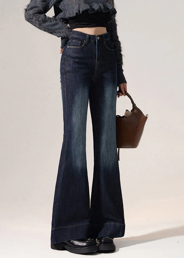 Modern Navy Pockets High Waist Denim Flared Trousers Spring - Image 5