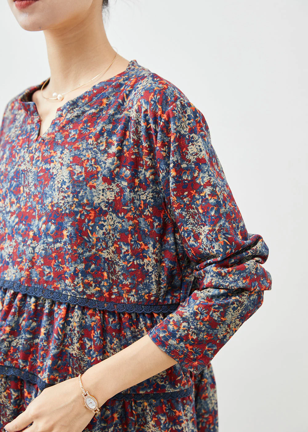 Modern Navy Print Layered Patchwork Lace Cotton Dress Fall - Image 5