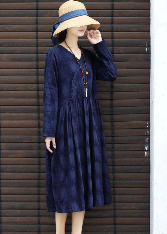 Modern Navy V Neck Patchwork Cotton Party Dress Long Sleeve - Image 2
