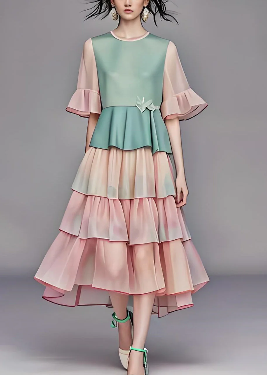 Modern O Neck Ruffled Layered Patchwork Chiffon Dress Summer - Image 2
