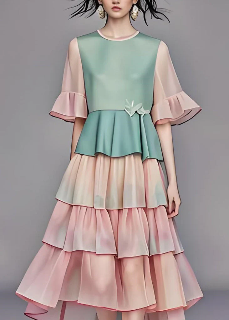 Modern O Neck Ruffled Layered Patchwork Chiffon Dress Summer - Image 3